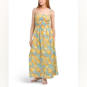 NWT -Vanessa Zani Italy Fruit Pattern Tie Strap "Icy Blue" Smocked Bodice Maxi-L